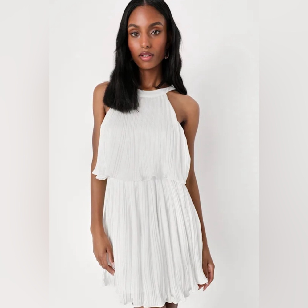 LULUS Celebrate Chic White Ruffled Plisse Halter Mini Dress Bridal - Picture 3 of 14